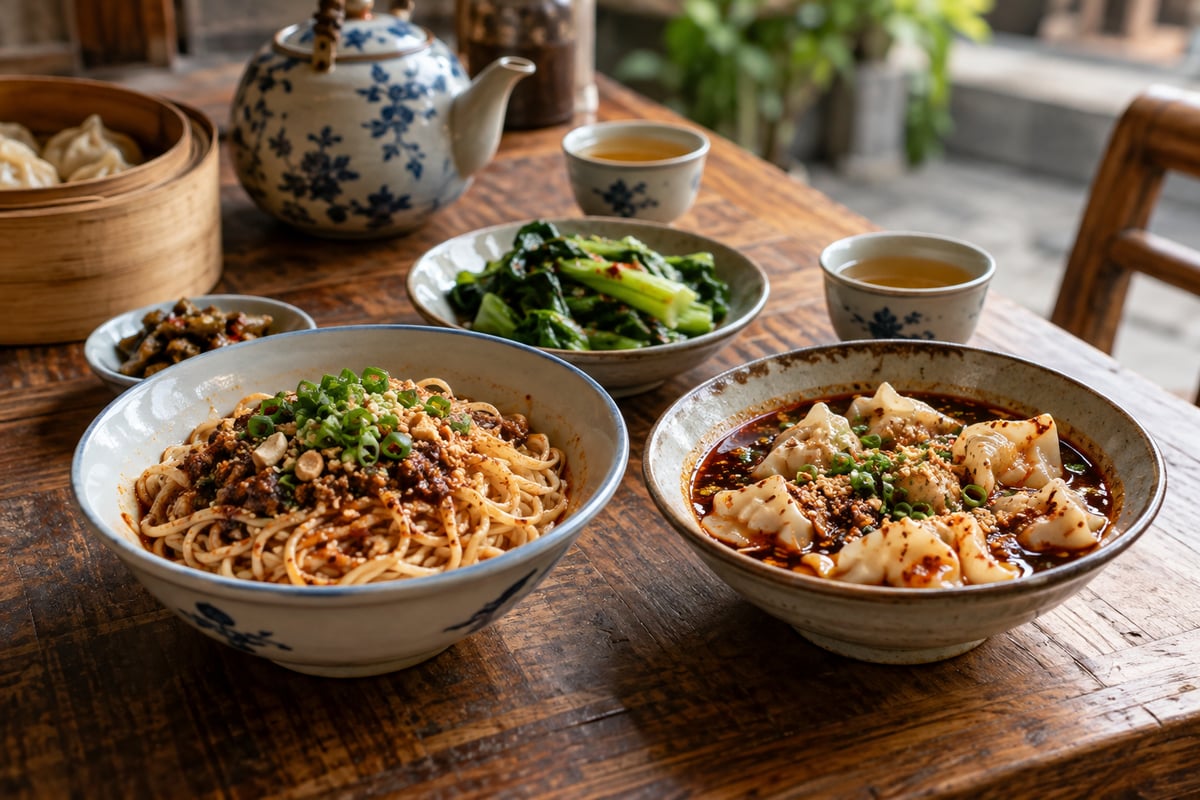 街巷美食路线 · 生成主题配图 街巷美食路线:面食、小吃与一杯清茶(主题配图)